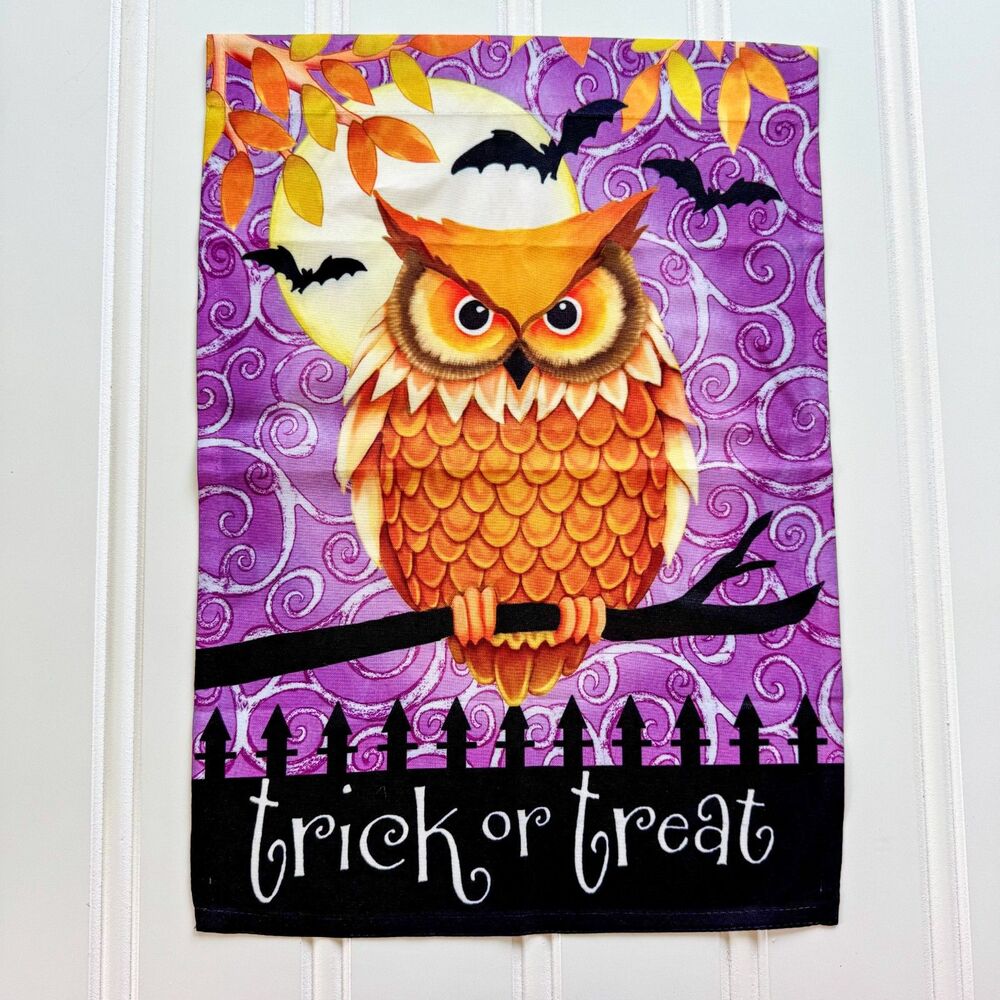 Halloween Owl “Trick or Treat” Garden Flag | Autumn Fall Spooky Haunted Bat